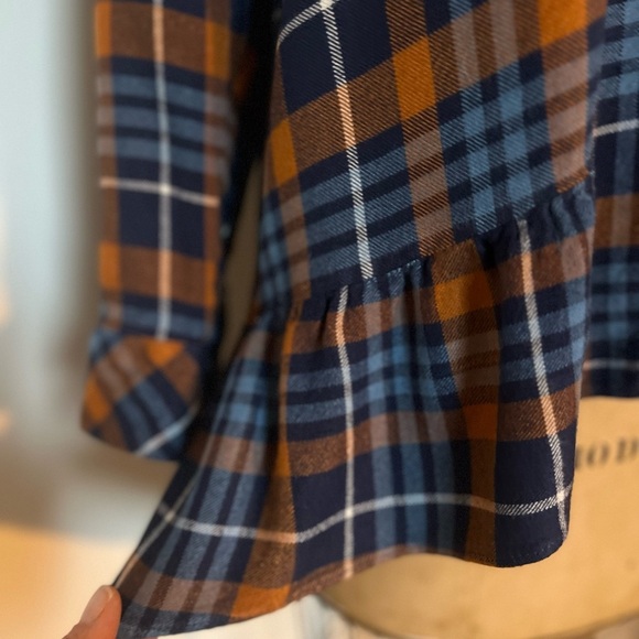 Matilda Jane Blue and Orange Plaid Button-Up Tunic Blouse with ruffle bottom - Picture 2 of 6